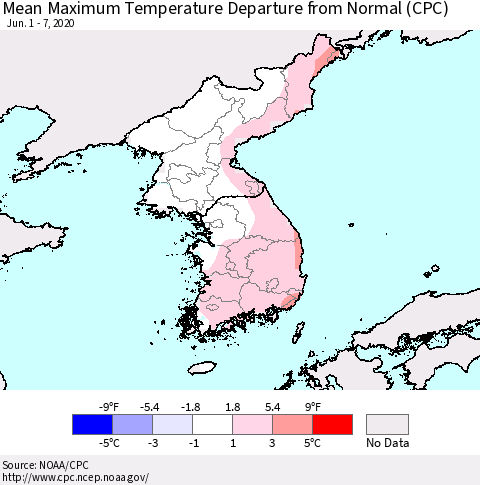Korea Mean Maximum Temperature Departure from Normal (CPC) Thematic Map For 6/1/2020 - 6/7/2020