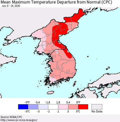 Korea Mean Maximum Temperature Departure from Normal (CPC) Thematic Map For 6/8/2020 - 6/14/2020