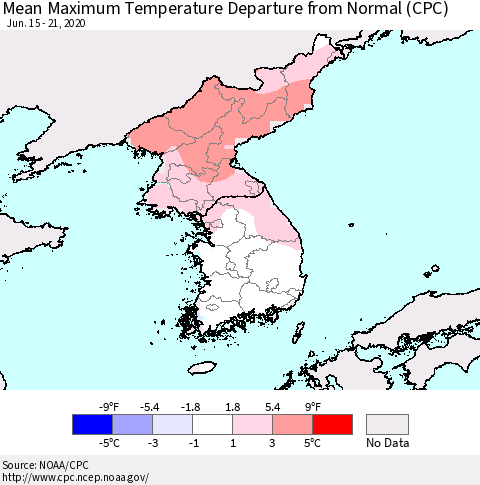 Korea Mean Maximum Temperature Departure from Normal (CPC) Thematic Map For 6/15/2020 - 6/21/2020