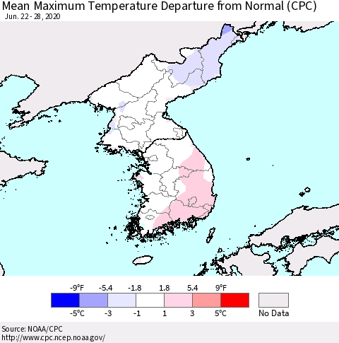 Korea Mean Maximum Temperature Departure from Normal (CPC) Thematic Map For 6/22/2020 - 6/28/2020
