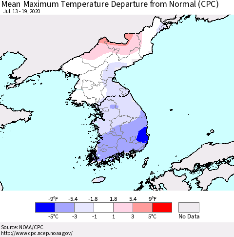 Korea Mean Maximum Temperature Departure from Normal (CPC) Thematic Map For 7/13/2020 - 7/19/2020