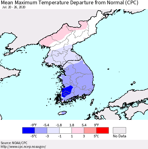 Korea Mean Maximum Temperature Departure from Normal (CPC) Thematic Map For 7/20/2020 - 7/26/2020