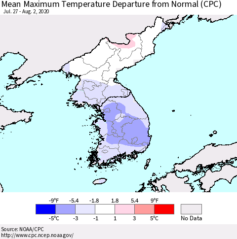 Korea Mean Maximum Temperature Departure from Normal (CPC) Thematic Map For 7/27/2020 - 8/2/2020