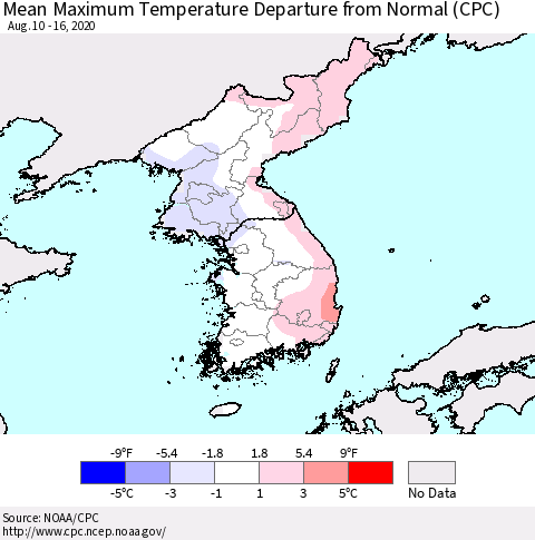 Korea Mean Maximum Temperature Departure from Normal (CPC) Thematic Map For 8/10/2020 - 8/16/2020