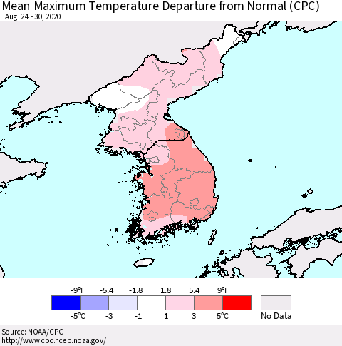 Korea Mean Maximum Temperature Departure from Normal (CPC) Thematic Map For 8/24/2020 - 8/30/2020