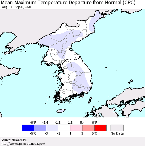 Korea Mean Maximum Temperature Departure from Normal (CPC) Thematic Map For 8/31/2020 - 9/6/2020