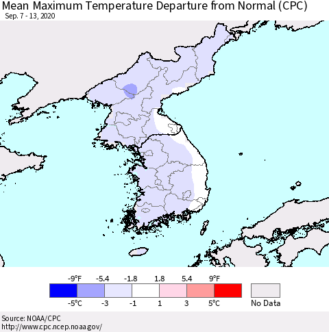 Korea Mean Maximum Temperature Departure from Normal (CPC) Thematic Map For 9/7/2020 - 9/13/2020