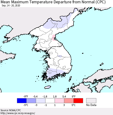 Korea Mean Maximum Temperature Departure from Normal (CPC) Thematic Map For 9/14/2020 - 9/20/2020