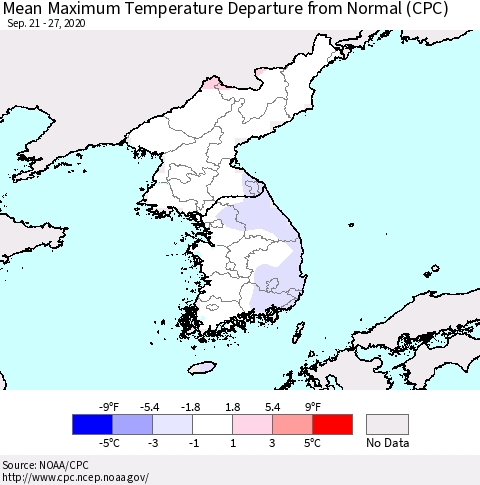 Korea Mean Maximum Temperature Departure from Normal (CPC) Thematic Map For 9/21/2020 - 9/27/2020