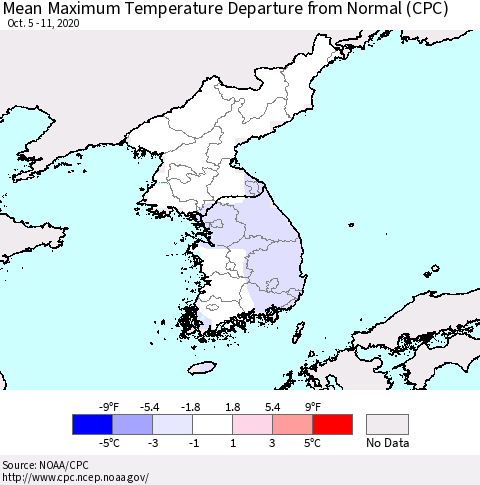 Korea Mean Maximum Temperature Departure from Normal (CPC) Thematic Map For 10/5/2020 - 10/11/2020