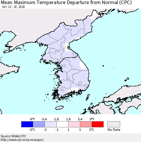 Korea Mean Maximum Temperature Departure from Normal (CPC) Thematic Map For 10/12/2020 - 10/18/2020