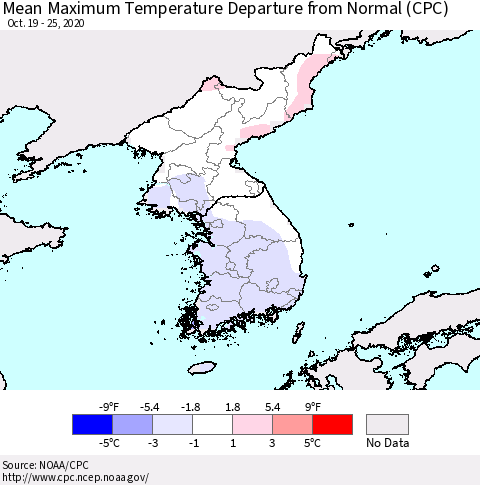 Korea Mean Maximum Temperature Departure from Normal (CPC) Thematic Map For 10/19/2020 - 10/25/2020