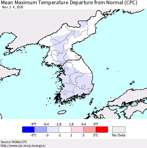 Korea Mean Maximum Temperature Departure from Normal (CPC) Thematic Map For 11/2/2020 - 11/8/2020