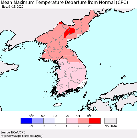 Korea Mean Maximum Temperature Departure from Normal (CPC) Thematic Map For 11/9/2020 - 11/15/2020