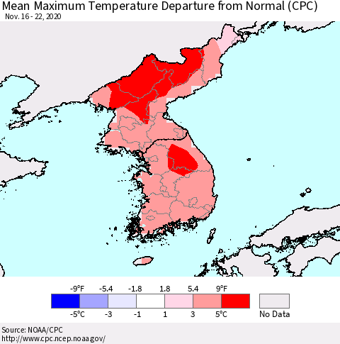 Korea Mean Maximum Temperature Departure from Normal (CPC) Thematic Map For 11/16/2020 - 11/22/2020