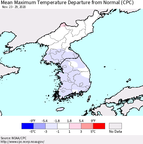 Korea Mean Maximum Temperature Departure from Normal (CPC) Thematic Map For 11/23/2020 - 11/29/2020