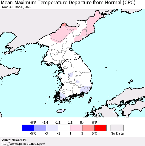 Korea Mean Maximum Temperature Departure from Normal (CPC) Thematic Map For 11/30/2020 - 12/6/2020