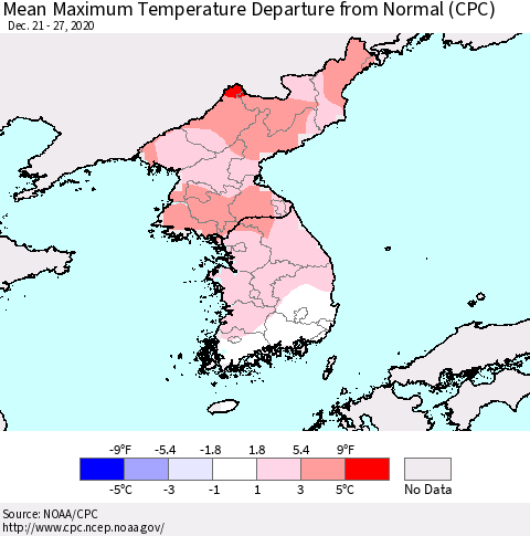 Korea Mean Maximum Temperature Departure from Normal (CPC) Thematic Map For 12/21/2020 - 12/27/2020