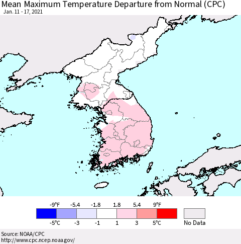 Korea Mean Maximum Temperature Departure from Normal (CPC) Thematic Map For 1/11/2021 - 1/17/2021