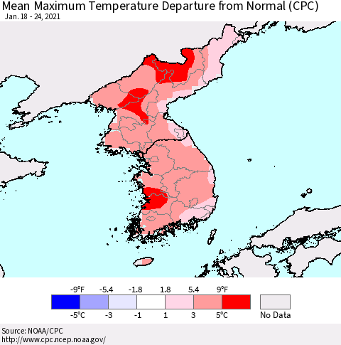 Korea Mean Maximum Temperature Departure from Normal (CPC) Thematic Map For 1/18/2021 - 1/24/2021