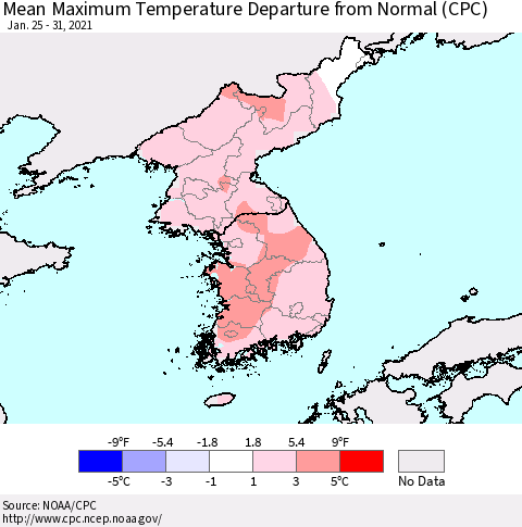 Korea Mean Maximum Temperature Departure from Normal (CPC) Thematic Map For 1/25/2021 - 1/31/2021