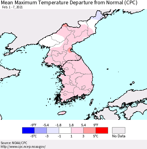 Korea Mean Maximum Temperature Departure from Normal (CPC) Thematic Map For 2/1/2021 - 2/7/2021
