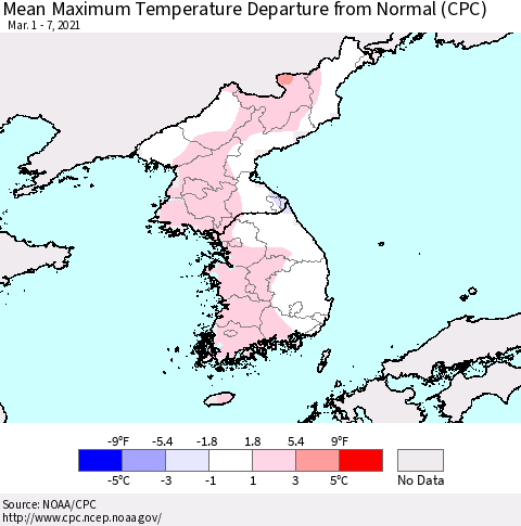 Korea Mean Maximum Temperature Departure from Normal (CPC) Thematic Map For 3/1/2021 - 3/7/2021
