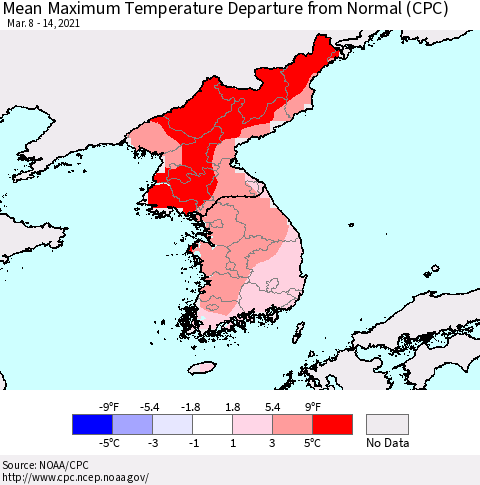 Korea Mean Maximum Temperature Departure from Normal (CPC) Thematic Map For 3/8/2021 - 3/14/2021