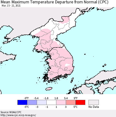Korea Mean Maximum Temperature Departure from Normal (CPC) Thematic Map For 3/15/2021 - 3/21/2021