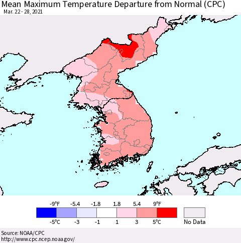 Korea Mean Maximum Temperature Departure from Normal (CPC) Thematic Map For 3/22/2021 - 3/28/2021
