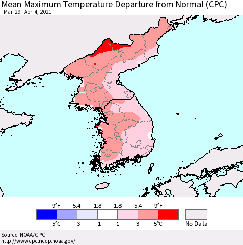 Korea Mean Maximum Temperature Departure from Normal (CPC) Thematic Map For 3/29/2021 - 4/4/2021