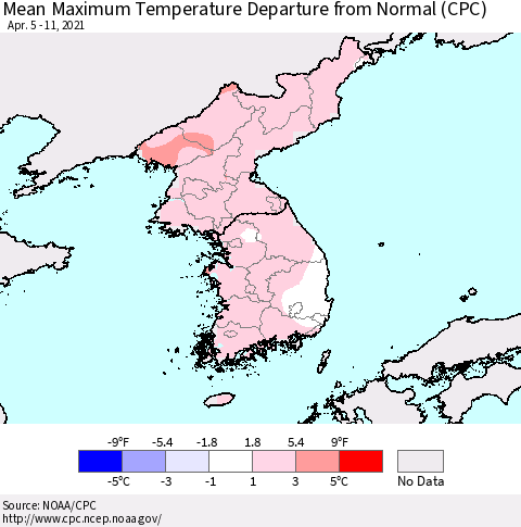 Korea Mean Maximum Temperature Departure from Normal (CPC) Thematic Map For 4/5/2021 - 4/11/2021