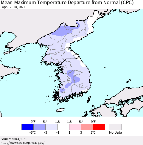 Korea Mean Maximum Temperature Departure from Normal (CPC) Thematic Map For 4/12/2021 - 4/18/2021