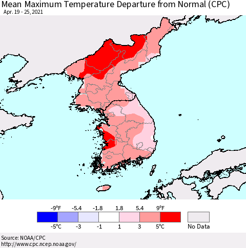 Korea Mean Maximum Temperature Departure from Normal (CPC) Thematic Map For 4/19/2021 - 4/25/2021