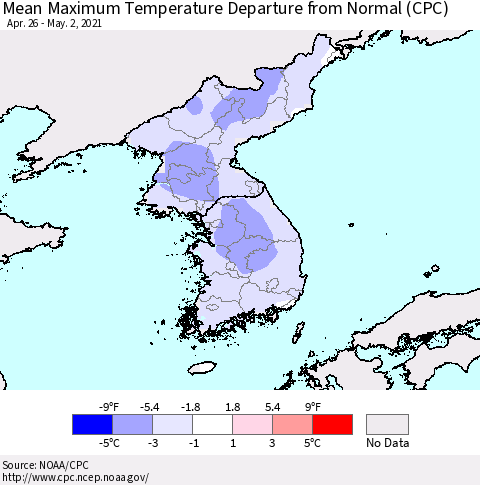 Korea Mean Maximum Temperature Departure from Normal (CPC) Thematic Map For 4/26/2021 - 5/2/2021