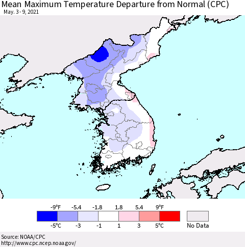Korea Mean Maximum Temperature Departure from Normal (CPC) Thematic Map For 5/3/2021 - 5/9/2021