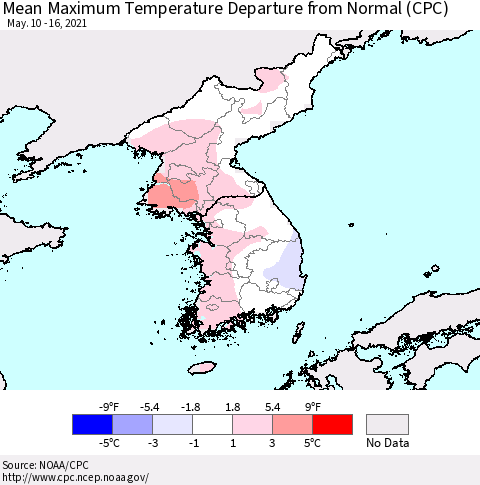 Korea Mean Maximum Temperature Departure from Normal (CPC) Thematic Map For 5/10/2021 - 5/16/2021