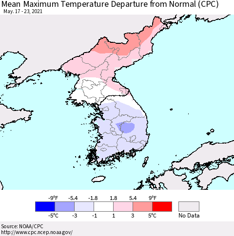 Korea Mean Maximum Temperature Departure from Normal (CPC) Thematic Map For 5/17/2021 - 5/23/2021