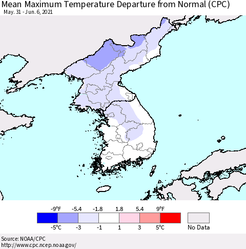 Korea Mean Maximum Temperature Departure from Normal (CPC) Thematic Map For 5/31/2021 - 6/6/2021