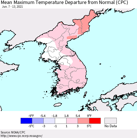 Korea Mean Maximum Temperature Departure from Normal (CPC) Thematic Map For 6/7/2021 - 6/13/2021