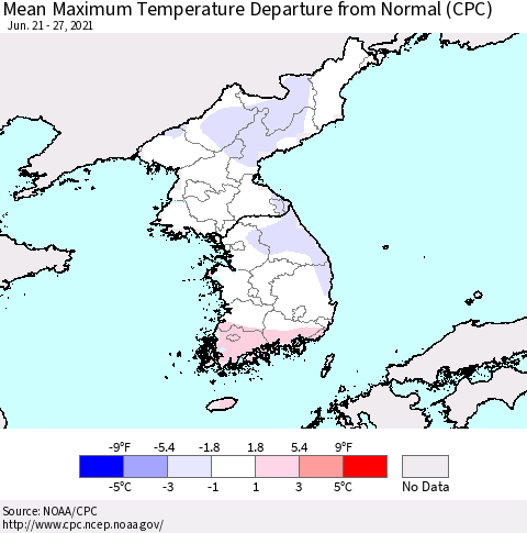 Korea Mean Maximum Temperature Departure from Normal (CPC) Thematic Map For 6/21/2021 - 6/27/2021