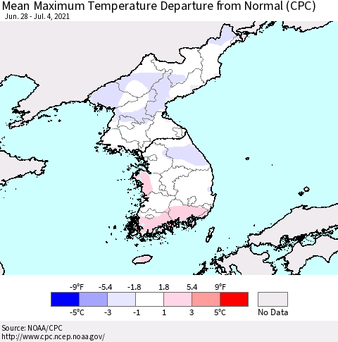 Korea Mean Maximum Temperature Departure from Normal (CPC) Thematic Map For 6/28/2021 - 7/4/2021