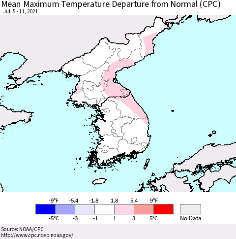 Korea Mean Maximum Temperature Departure from Normal (CPC) Thematic Map For 7/5/2021 - 7/11/2021