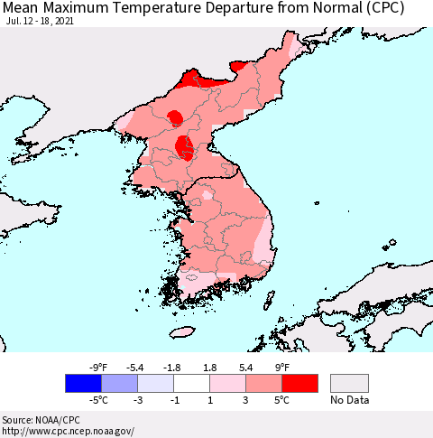 Korea Mean Maximum Temperature Departure from Normal (CPC) Thematic Map For 7/12/2021 - 7/18/2021