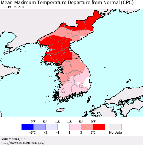 Korea Mean Maximum Temperature Departure from Normal (CPC) Thematic Map For 7/19/2021 - 7/25/2021