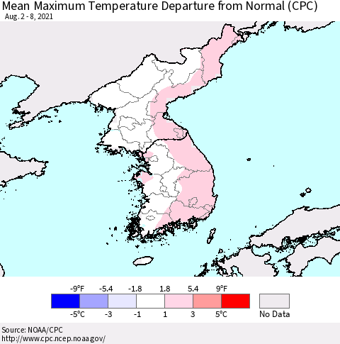 Korea Mean Maximum Temperature Departure from Normal (CPC) Thematic Map For 8/2/2021 - 8/8/2021