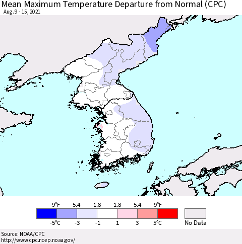 Korea Mean Maximum Temperature Departure from Normal (CPC) Thematic Map For 8/9/2021 - 8/15/2021