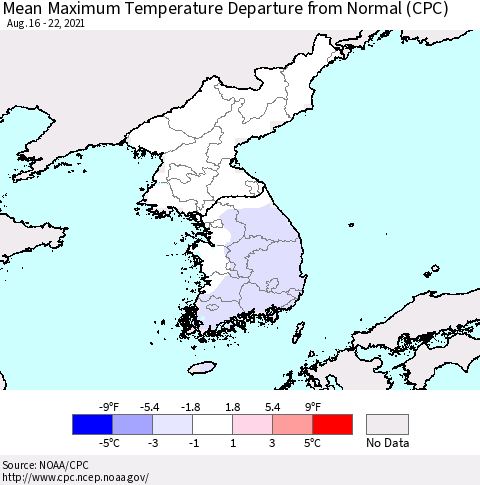Korea Mean Maximum Temperature Departure from Normal (CPC) Thematic Map For 8/16/2021 - 8/22/2021