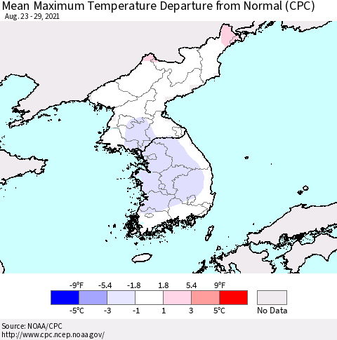 Korea Mean Maximum Temperature Departure from Normal (CPC) Thematic Map For 8/23/2021 - 8/29/2021