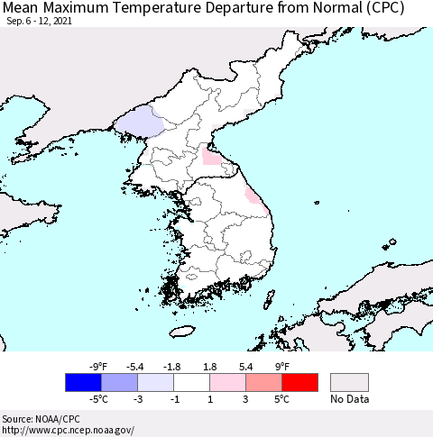 Korea Mean Maximum Temperature Departure from Normal (CPC) Thematic Map For 9/6/2021 - 9/12/2021